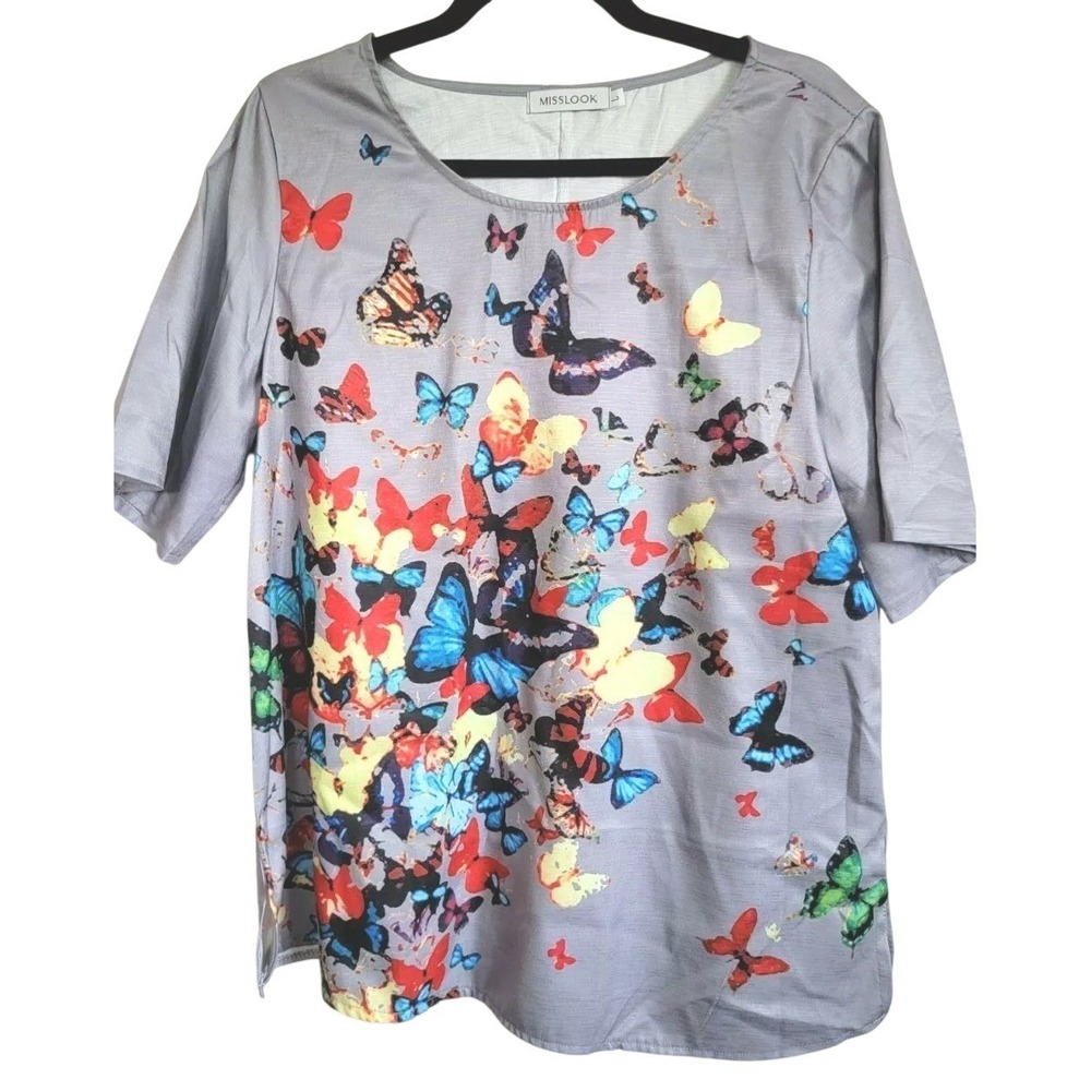 Misslook L Womens Butterfly Garden Print Short Sleeve‎ Top Gray Multi Color - Picture 4 of 9